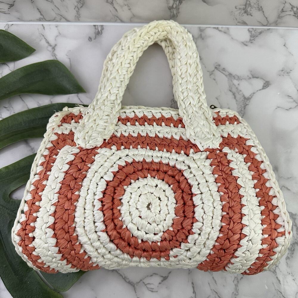 Vintage 60s Made in Italy Raffia Woven Purse Bag White Orange Circle Stripe